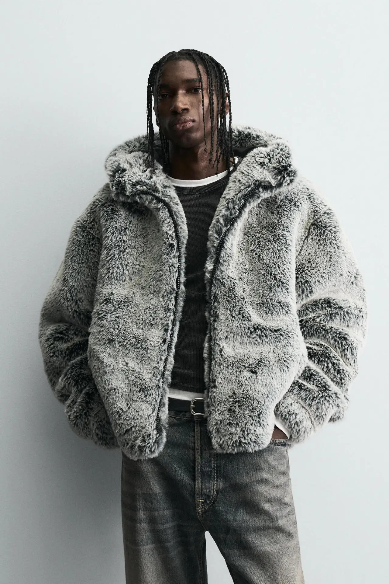 Men Faux Fur Grey Green Loose Fit Thicken Simple Basic Casual Daily Hooded Jackets Winter 2026 Fashion Male Coats Clothes 261012