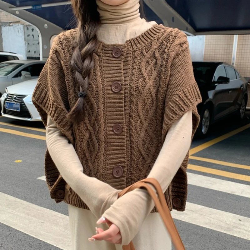 Chic Vintage Solid Fried Dough Twists Single Breasted Sleeveless Knitting Sweater Spring Autumn Ladies Casual Versatile Vest 261009