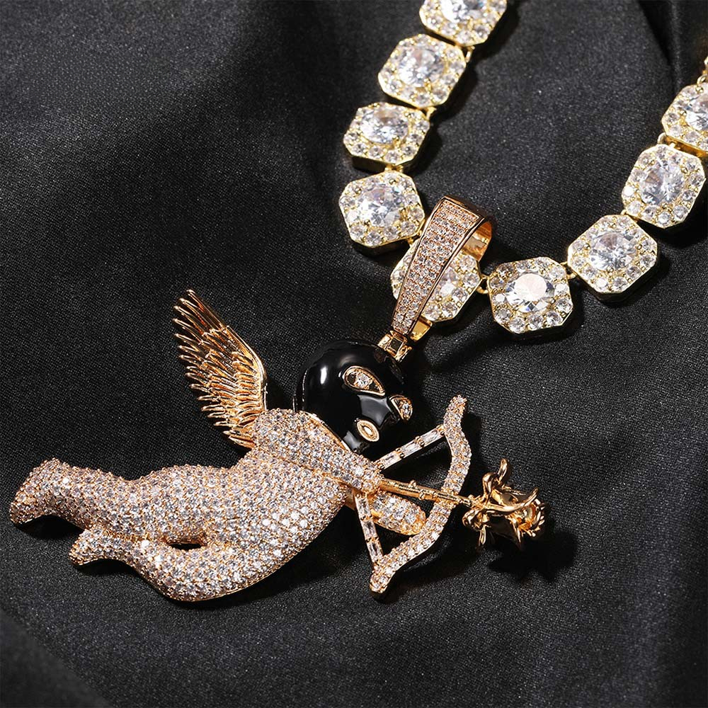 European and American Hip-Hop Masked Angel Pendant Creative Personality Inlaid with moissanite Gold Plated Rose Flower Cupid's Arrow Necklace J