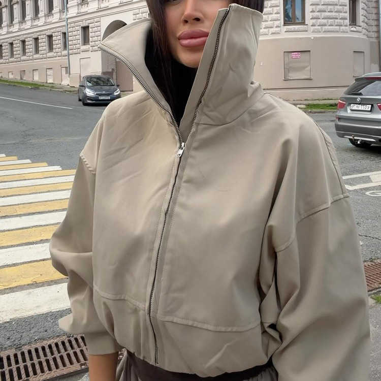Womens Designer Khaki Short Jacket Big Turn Down Collar High Stand Collar Zipper Bomber Coat Outwear