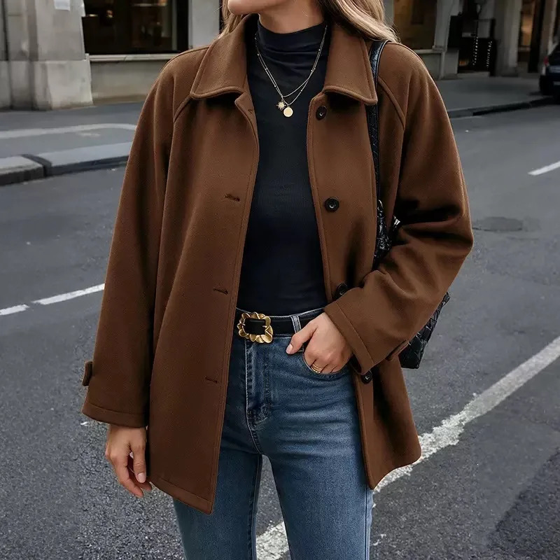 Ladies Autumn Winter Pure Color Woolen Coat Turndown Collar Buttoned Midlength Outerwear 261010