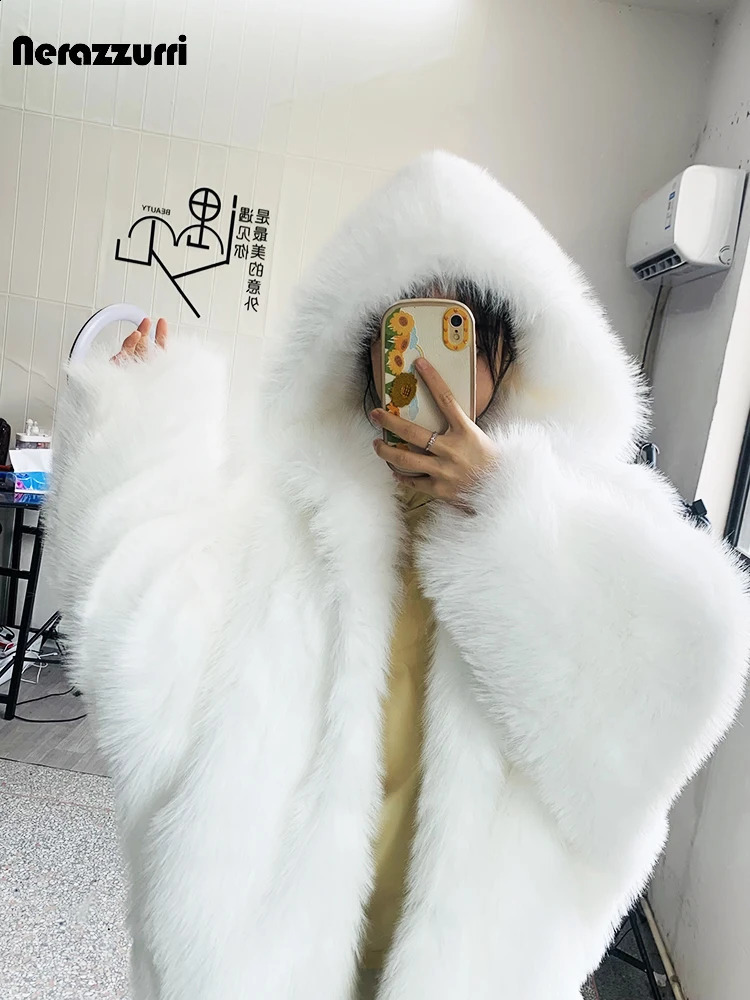 Nerazzurri Autumn Winter Oversized White Black Warm Shaggy Hairy Faux Fur Coat Women with Hood Loose Casual Fluffy Jacket 261015