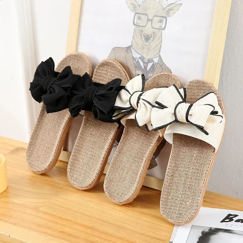 Women Summer Casual Slides Comfortable Flax Slippers Striped Bow Linen Flip Flops Platform Sandals Ladies Indoor Shoes 261017