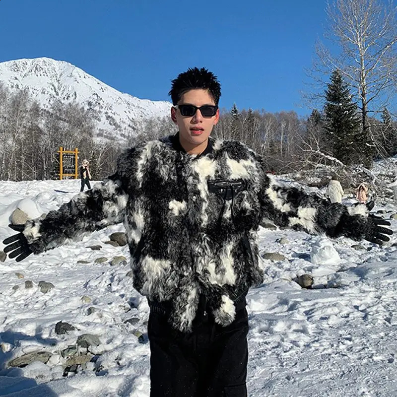 Men Black White Oneck Long Sleeve Single Breasted Casual Trendy Daily Faux Fur Jackets American Style Fashion Coats Clothes 261012