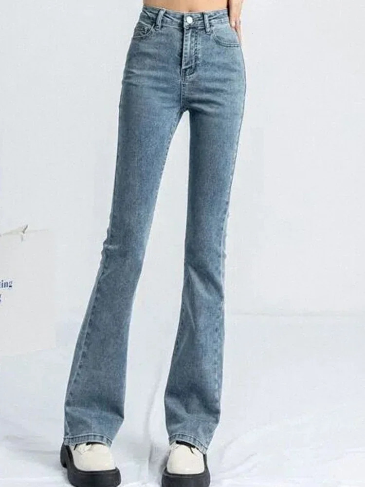Women Korean Flare Jeans Girls High Waist Elastic Boot Cut Pants Lady Vintage Blue Black Gray Brown Denim Bell Bottom Trousers 261013