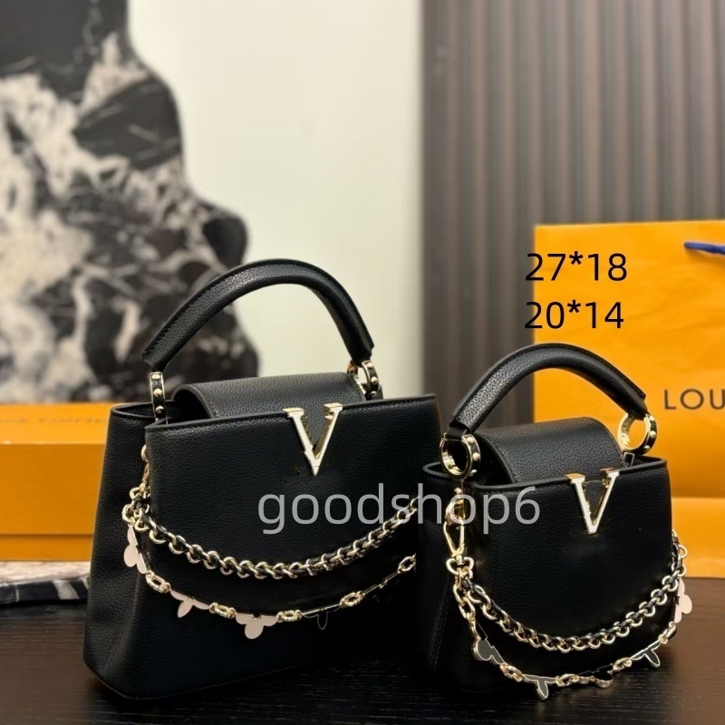 New Arrival Women Black Leather Handbag Luxury Gold Metal Chain Top Handle Bag 2 Sizes Crossbody Shoulder Purse