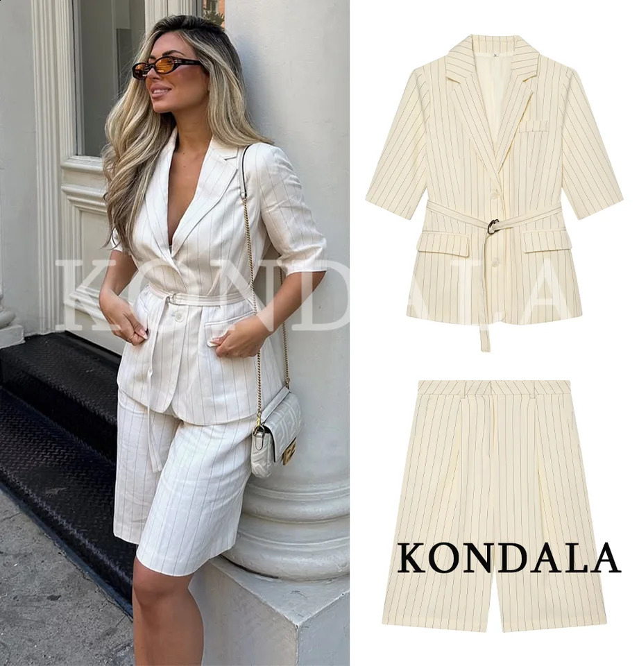 KONDALA Women Office Lady Striped Blazer Set Belt Pocket Shorts Fashion 2026 Spring Summer Holiday Casual 261013
