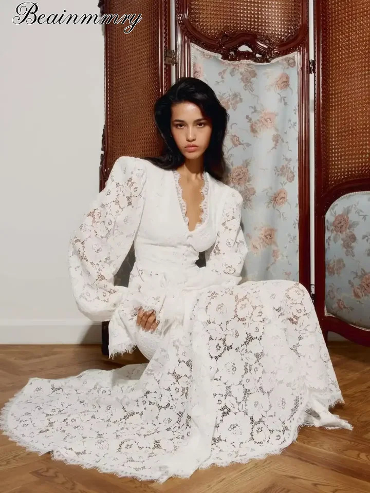 White Lace Patchwork Long Skirt Set Lady Elegant Full Flared Sleeve V-neck Slim Cropped Top Suit 2026 Women Spring Street Outfit 261013