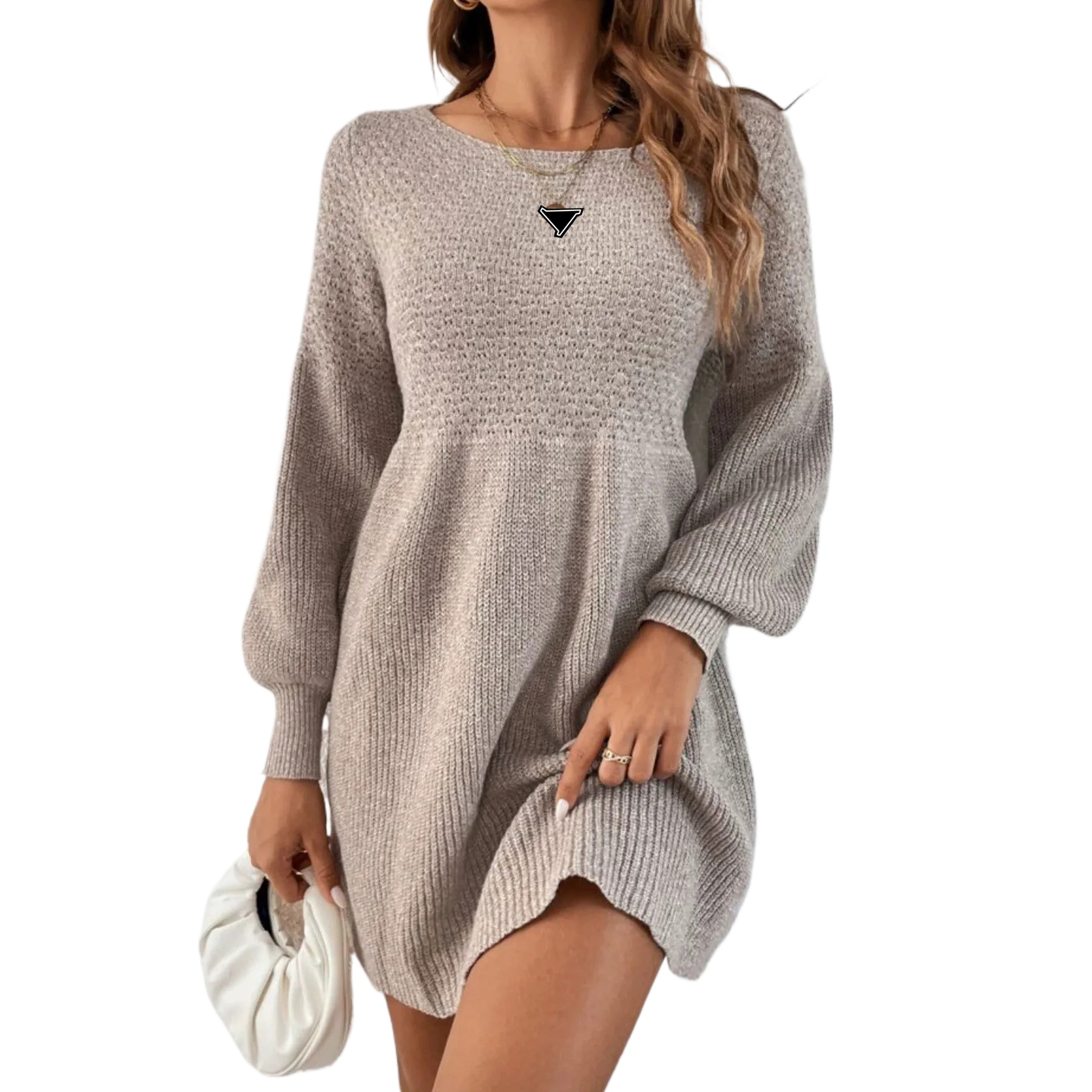 2026 Cinched Waist Knitted Dress French O-neck Casual Dresses Designer Women's Dress For Autumn And Winter, With A High-end Ear Hem Khaki Sweat