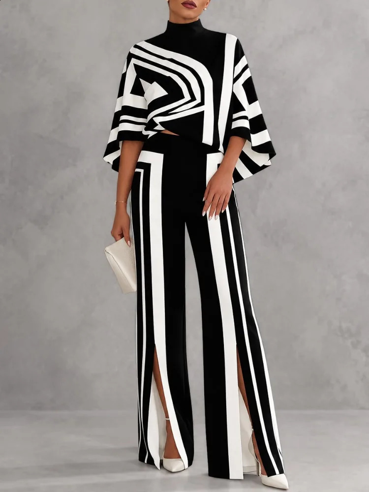 Yeezzi Women's Elegant Casual Office Suit Black White Stripe High Neck Tops Waist Split Hem Wide Leg Pants 2 Piece Sets 261013