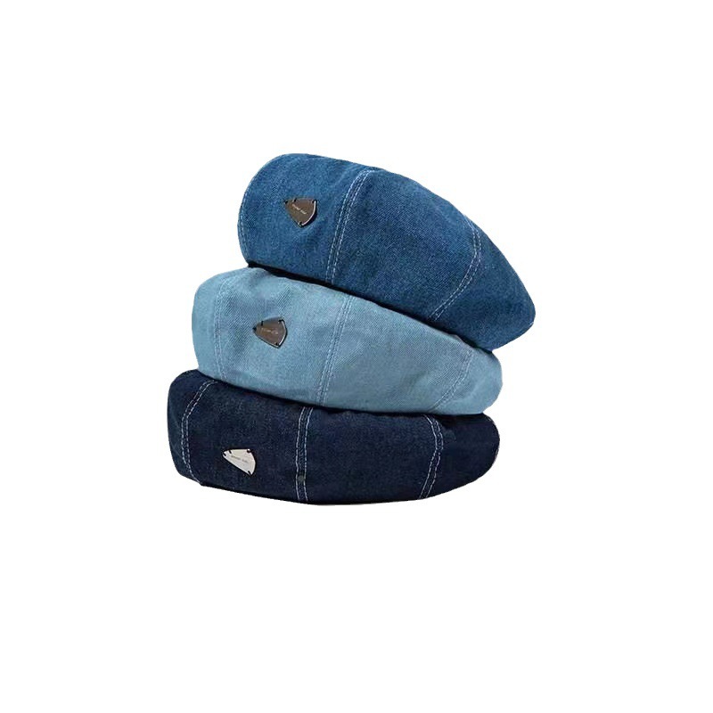 Denim Beret for Women Korean Style British Retro Large Head Circumference Face Slimming Cloud Hat Brimless Casual Octagonal Artist Hat