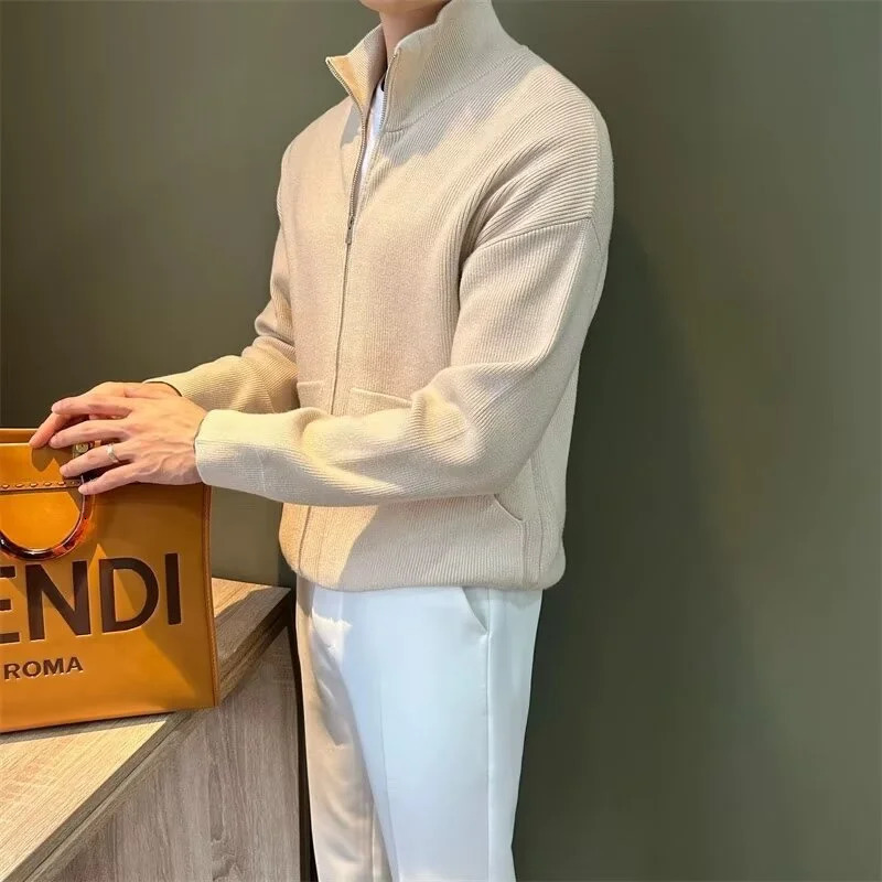 Autumn and Winter Men Stretch Solid Color Zipper Cardigan Sweater Daily Casual Business Standup Collar Man Knitted Coat 260928