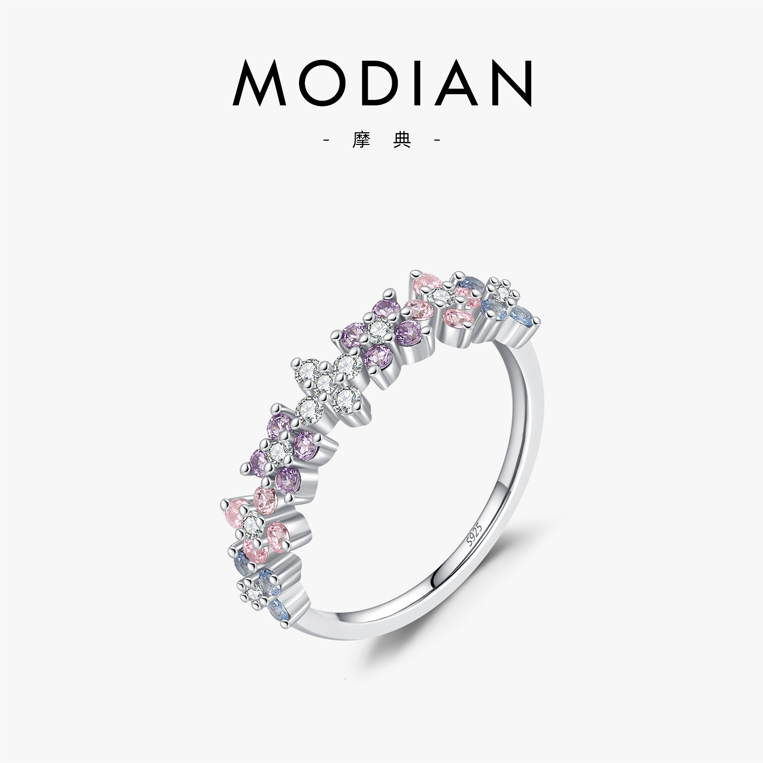 V brand ring MODIAN S925 Sterling Silver Ins Style Gradient Clover for Women Sweet Girly Heart Ring