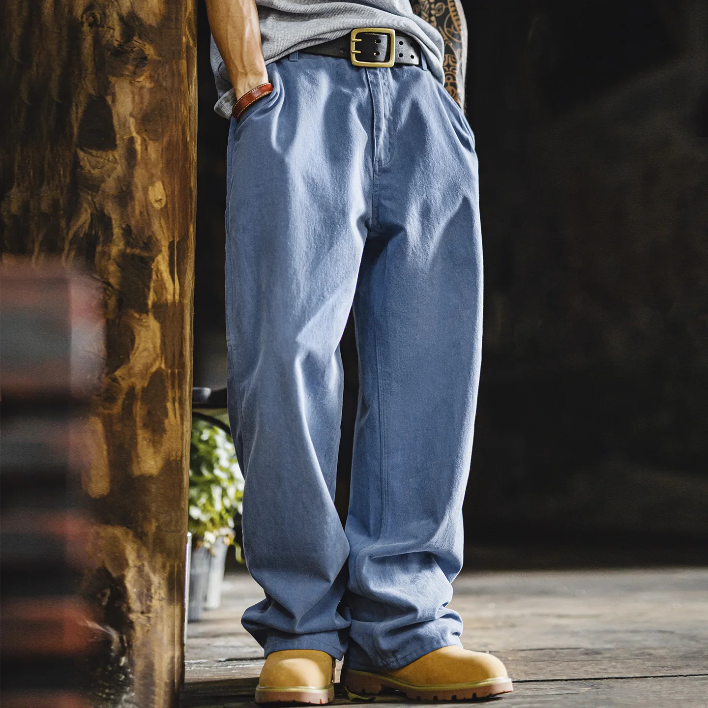Maden Men's Washed Distressed Denim Single Knee Logger Pants 100% Cotton City Boy Straight Leg Casual Logging Jeans Men Autumn 261013