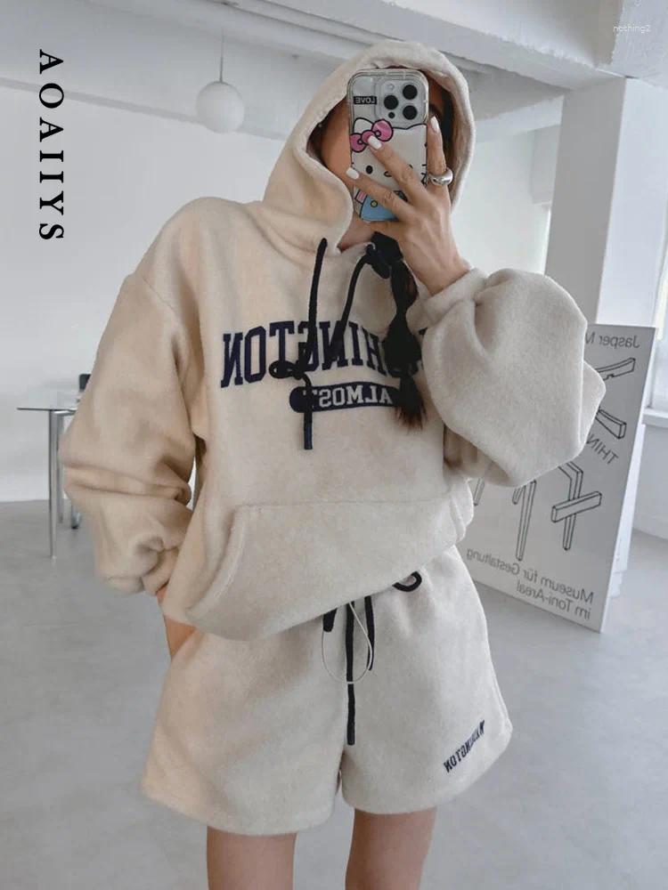 Aoaiiys Hoodies Shorts Sets Embroidery Sweatshirts Women Pullover Loose Outerwear Y2k Autumn Two-piece Sweatshirt