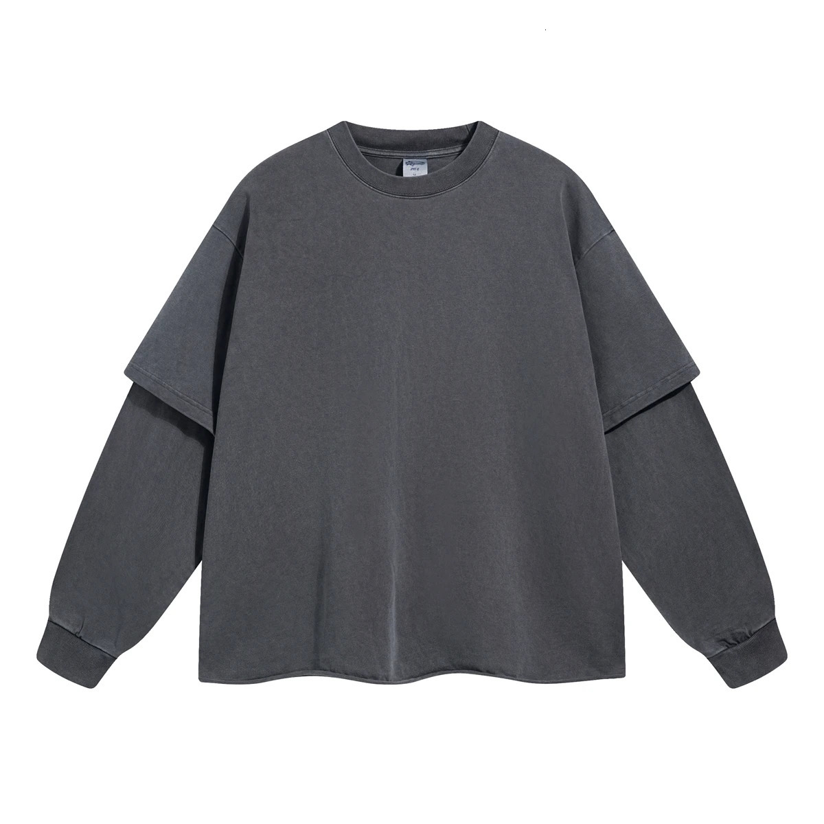 Hip Hop Retro Two Piece Rough Edge Round Neck Long Sleeve T-shirt for Men Washing Streetwear Trendy Baggy Tshirts Y2k 261014
