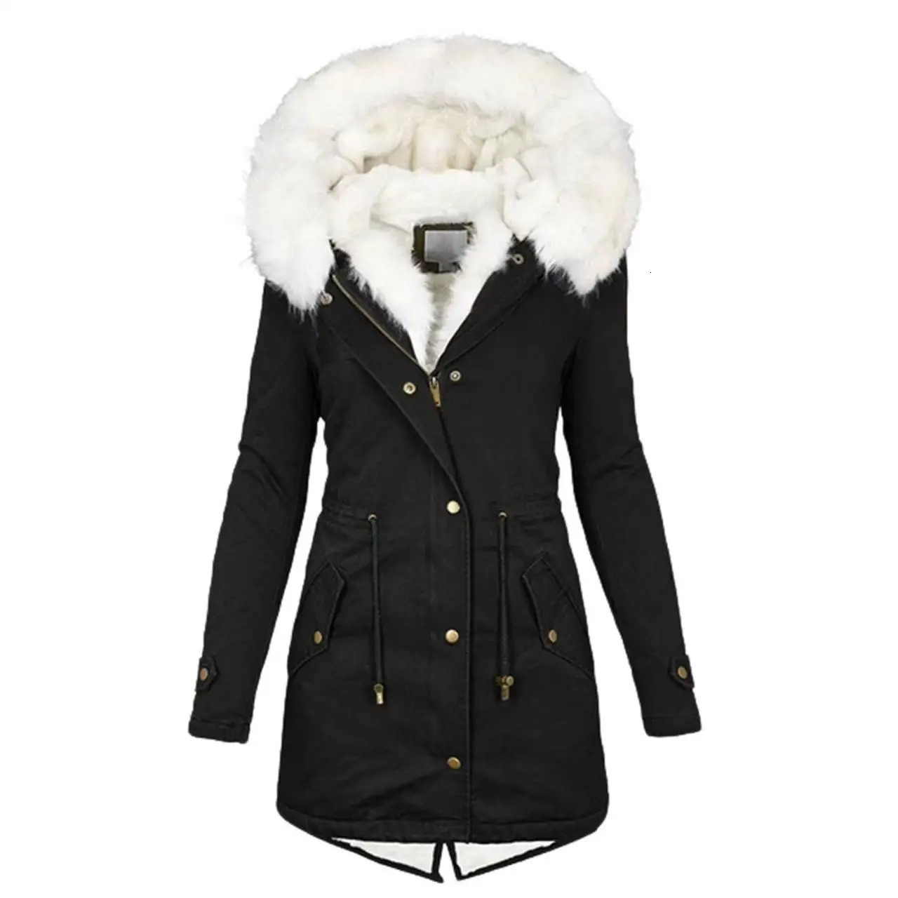 Women's Winter Long Cotton Clothes Jacket Casual Thick Warm Faux Fur Plush Hooded Collar Parkas Coat Commuting Clothing 260923