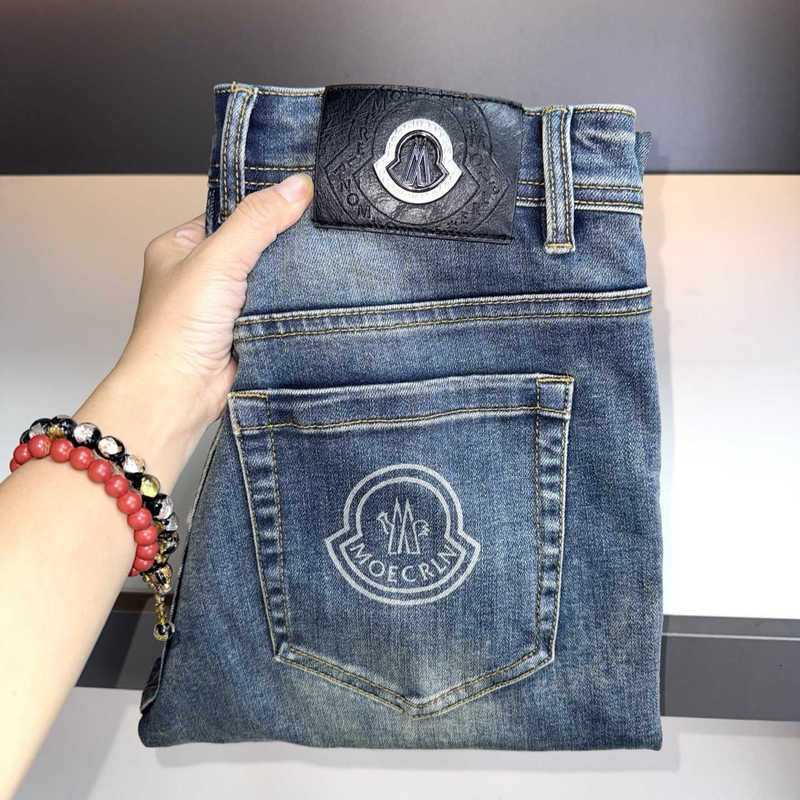 designer Men's Jeans Cute Monkey Single High-End Classic Blue Business men Stretch Straight-Leg Jeans, Summer Thin Washed Cotton Long Pants 0UB