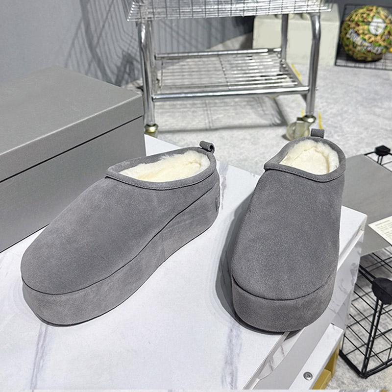 Womens Alaska Soft Platform Mules Comfortable Plush Lining High Quality Calf Leather Round Headed Thick Booties Ladies Warm Ladies Half Slippers