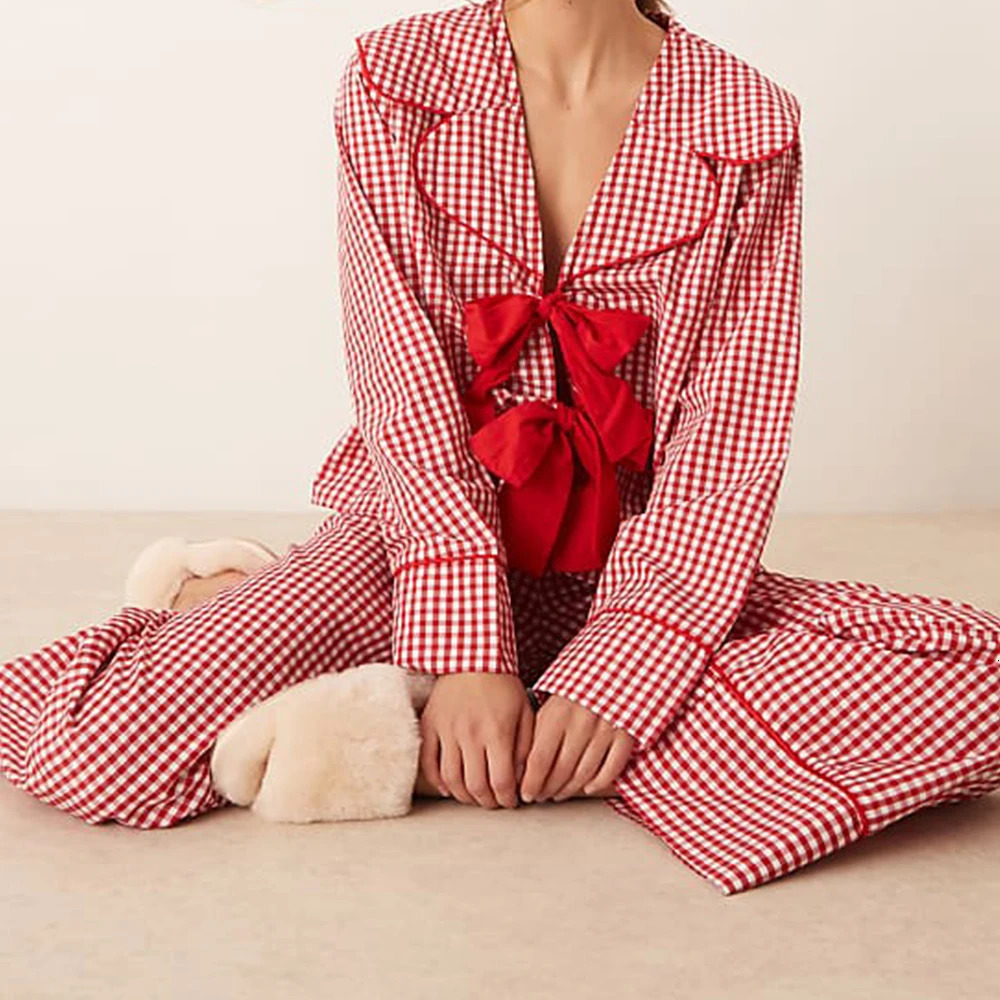 Women Autumn Ruffles Xmas Pajama Sets Long Puff Sleeve doll Shirts Pants Set Gingham 2 Piece Loungewear Sleepwear Outfits 261015