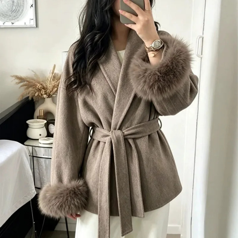 Women Lapel Belted Wool Blend Coat Short Faux Fur Cuff Solid Outerwear 261016