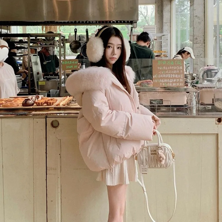 Women's Lovely Pink White Duck Down Coat Lady Fur Collar Hooded Thick Warm Jacket Single Breasted Padded Outwear 261016