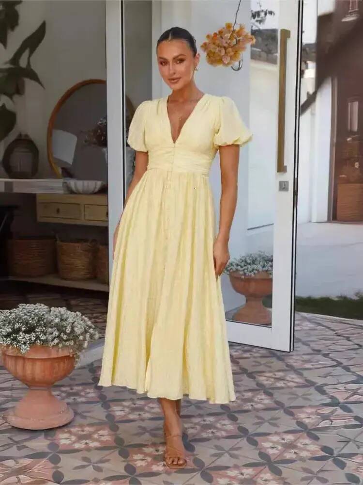 Women Casual Dress Summer Fashion Dress Womens everyday Solid V Neck Puff Sleeve Button Office Party Dresses Casual Elegnat Female Clubwear Vestidos