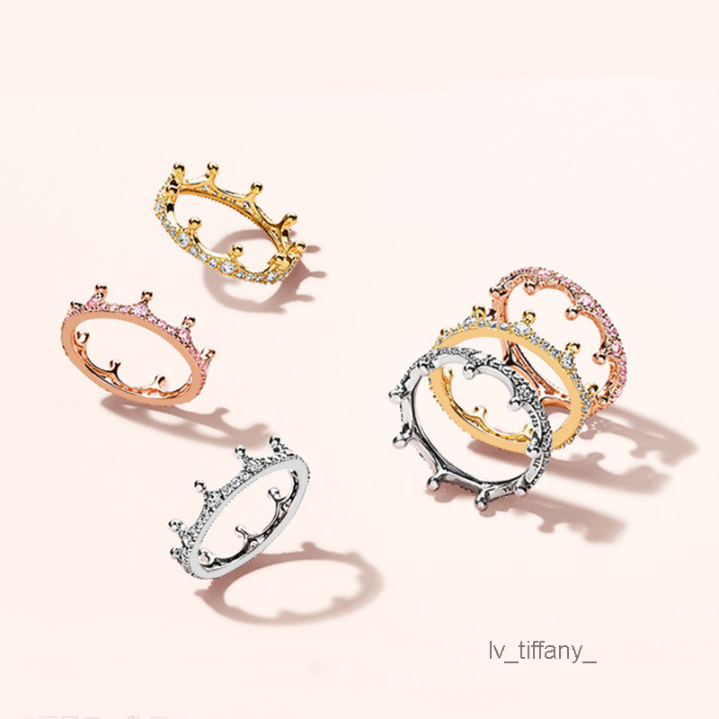 Gold Enchanted Crown Ring Authentic 925 Sterling Silver designer Rings Women Girls Wedding Party Jewelry Golden Diamond Stacking ring with Luxurious