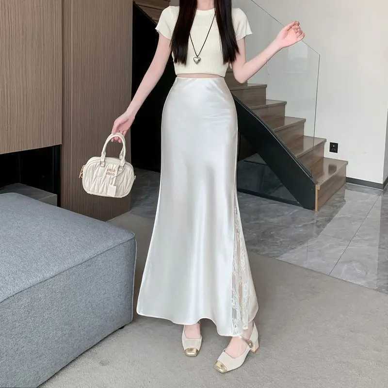 Patchwork Skirts Elegant Satin Lace Long Skirts Women 2026 Elastic Waist Korean Fashion Y2k Clothes Streetwear Mid Length Black Skirt W261017