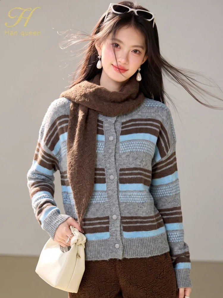 H Han Queen Autumn Knitted Cardigan Sweater Top Striped Shawl Korean Single Breasted Long Sleeve O Neck Simple Jumpers 261016