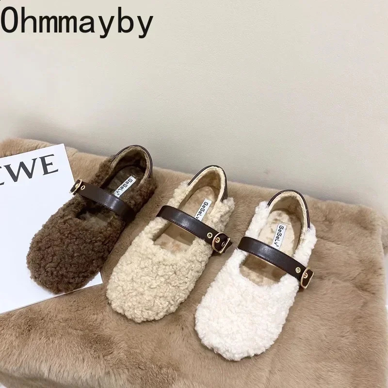 Vintage Women Warm Fur Flats Shoes Fashion Shallow Belt Buckle Spring Autumn Ladies Comfort Loafers Shoes 261017