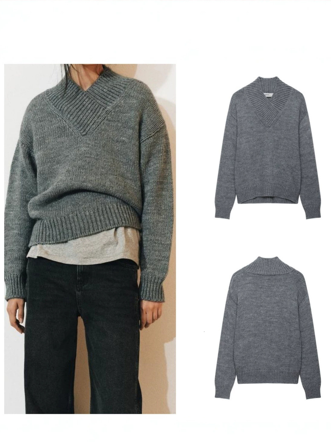 New autumn and winter collection for export: American-style women's long-sleeved V-neck casual ribbed knit sweater, a versatile solid-color swe