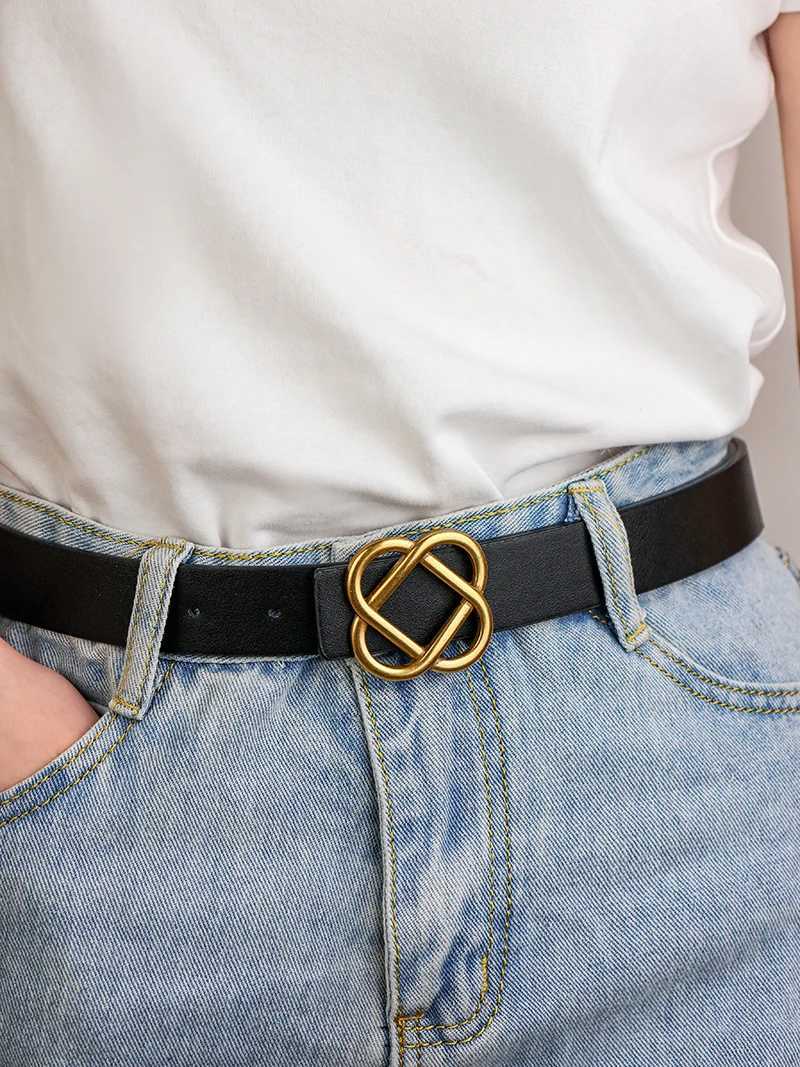 Suede 2026 New 2.8cm Wide Cowhide Belt for Woman Style with Retro Golden Buckle Skinny Leather Belts for Dresses Jeans M261016