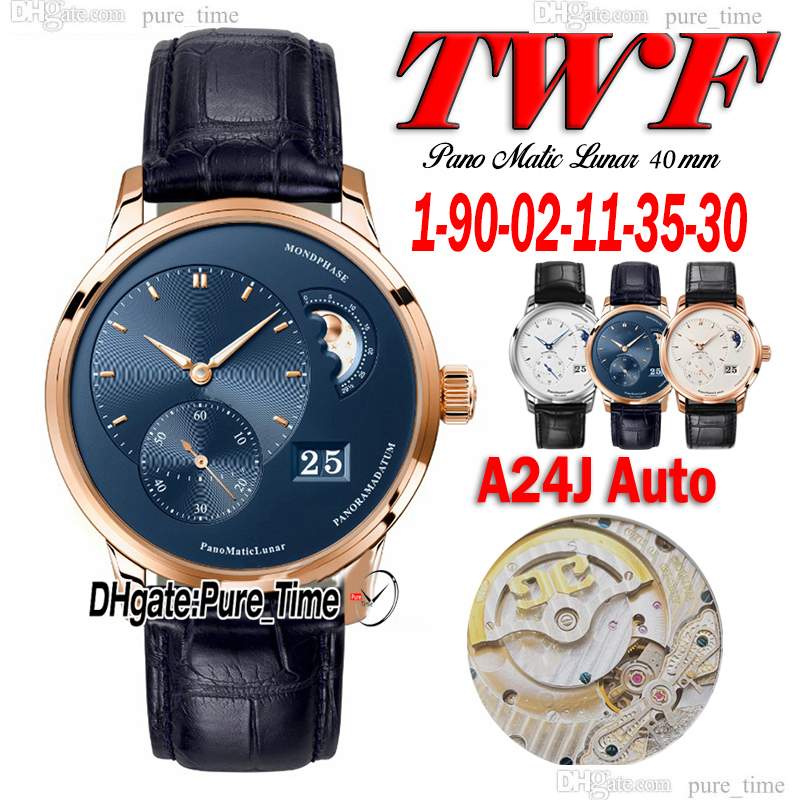 TWF New Pano Matic Lunar 40mm 1-90-02-11-35-30 A24J Automatic Mens Watch Moon Phase Blue Dila Big Date Rose Gold Case Leather Strap Gents Watches He