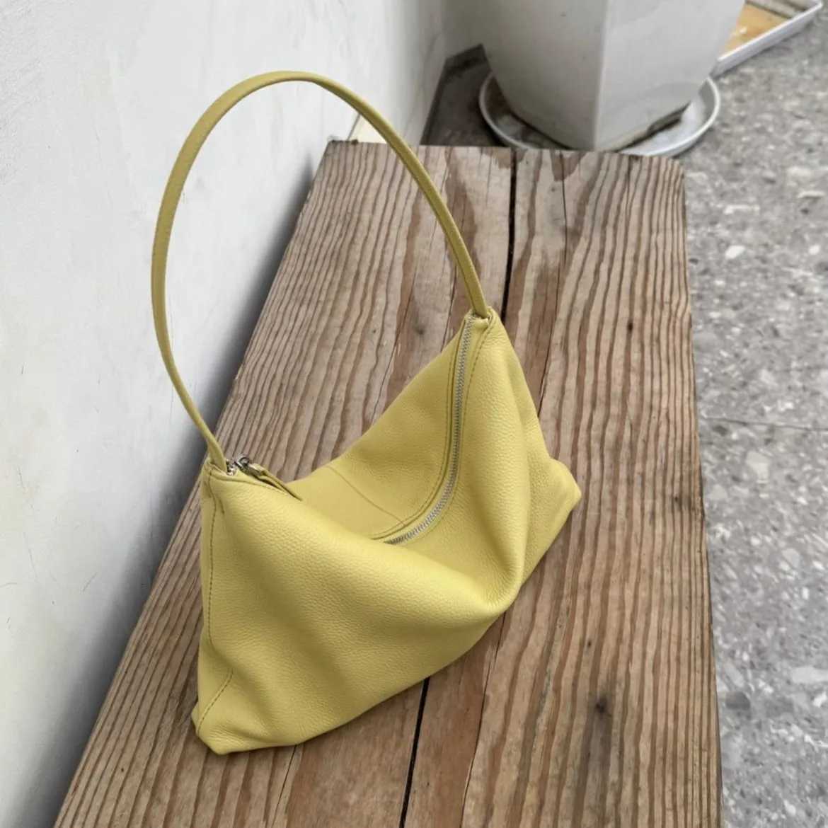 Evening Bags Popular Yellow Color Simple Thin Design Armpit Shoulder Bag Full Grain Cow Leather Women Handbag All-match Light Weight Tote H261016