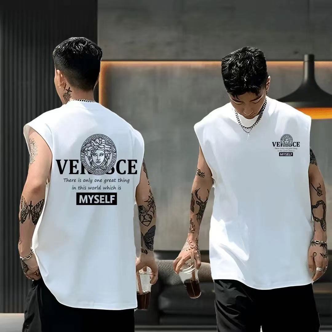 Summer fashion brand solid color sports American-style versatile casual sleeveless vest with printed ins, loose fit men's vest