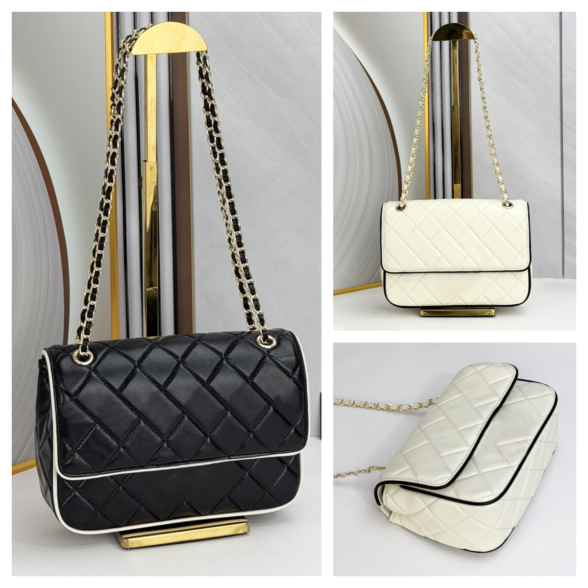 Luxury White Black Trim CF Flap bag Designer bag White and Black Chain Shoulder Crossbody bag Premium Quilted Purse Elegant and luxurious handbags f