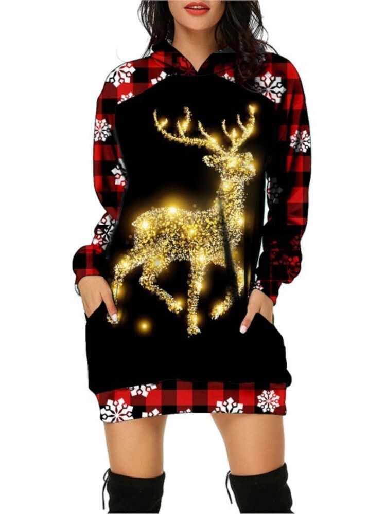 Snowflakes Reindeer Head Print Dresses Autumn Winter Women's Loose Mini Dress Vestidos Merry Christmas Hoodie