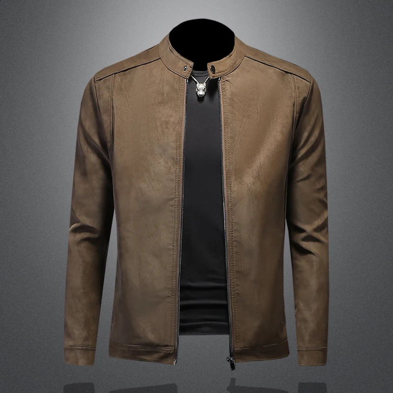 highquality slim fit synthetic leather jacket men's casual stand collar motorcycle 261008
