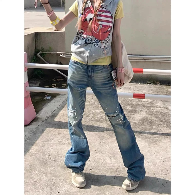 YIBASHU Women's Baggy Jeans Bleach Ripped Denim Pants Y2K Japanese Harajuku 2000s Goblin Core American Retro Blue Long Trousers 260911