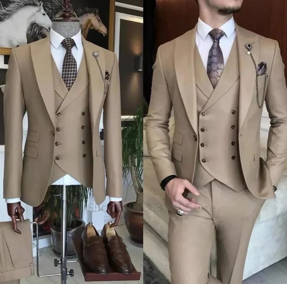 Business Khaki Formal Mens Slim Fit Suits 3 Pieces Wedding Groom Prom Terno Masculino Custom Blazer Jacket Vest Pant Sets 261017