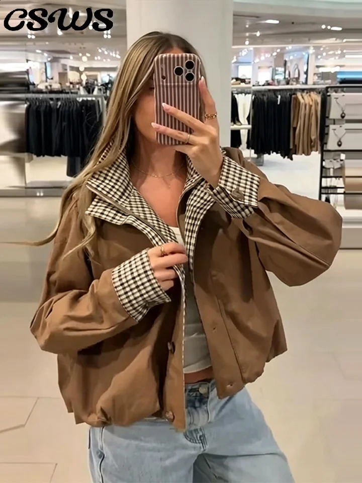 Elegant Plaid Patchwork Womens Jacket Loose Full Sleeve Stand Collar Single Breasted Outwear Female 2026 Fashion Autumn 261017