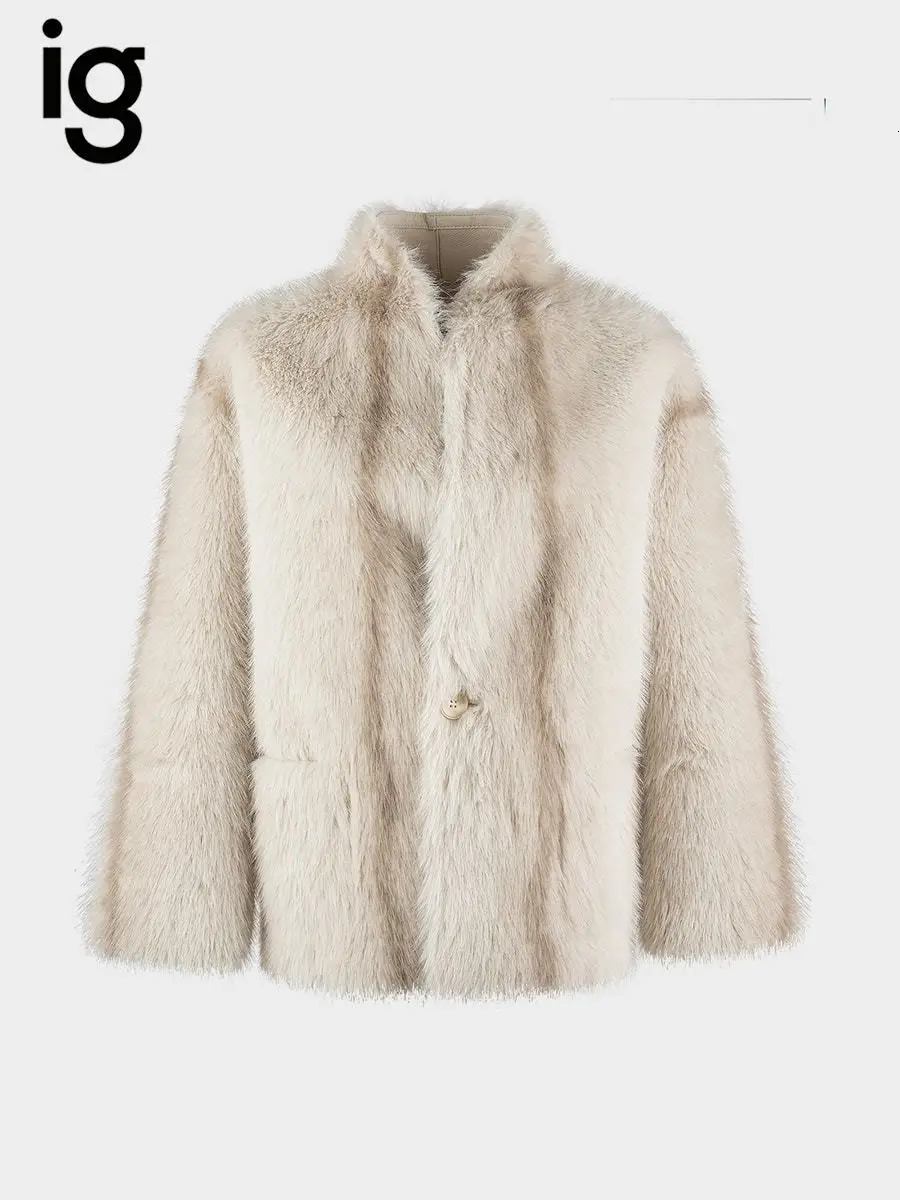 IG Women Cream White Reversible Stand Collar Single Button MidLength Coat Patch Pockets Winter Warm Elegant Casual Commute 261016