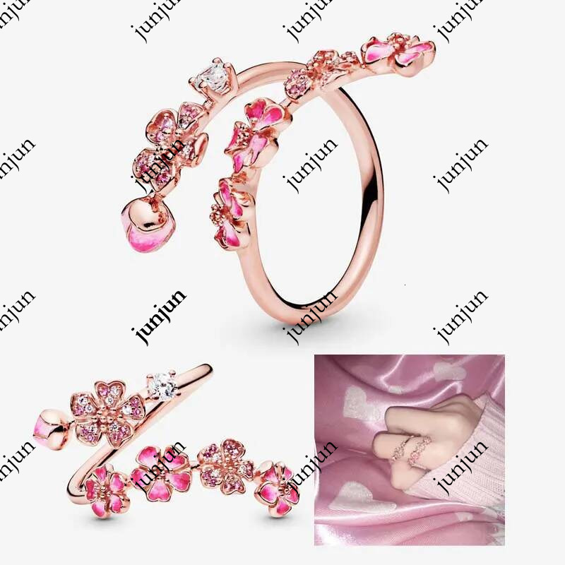 Pink Peach Blossoms Open Ring 18K Rose Gold RING for PAN Designer Jewelry Women Gift Luxury Silver flowers rings with Original Box set