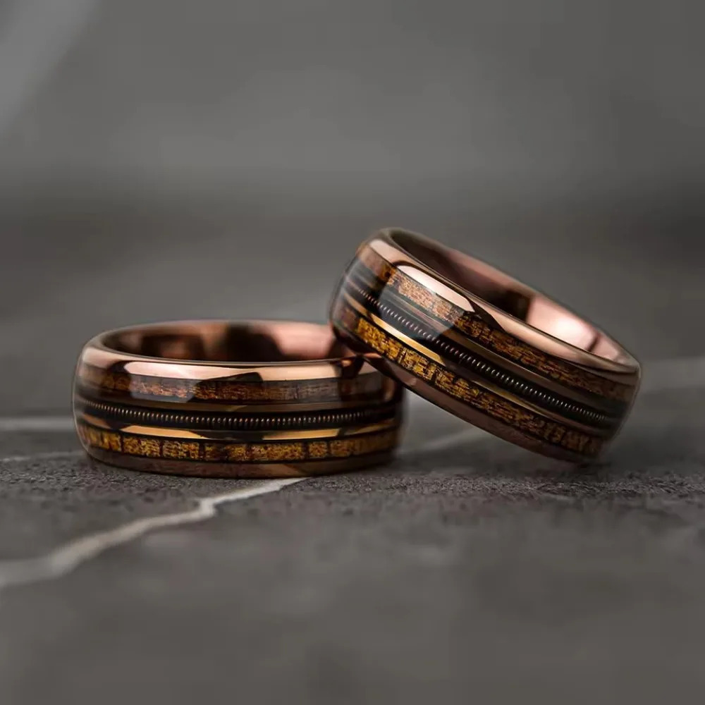 8mm Rose Gold Color Stainless Steel Guitar String Rings for Men Koa Wood Inlay Ring Whiskey Barrel Mens Wedding Band 261017