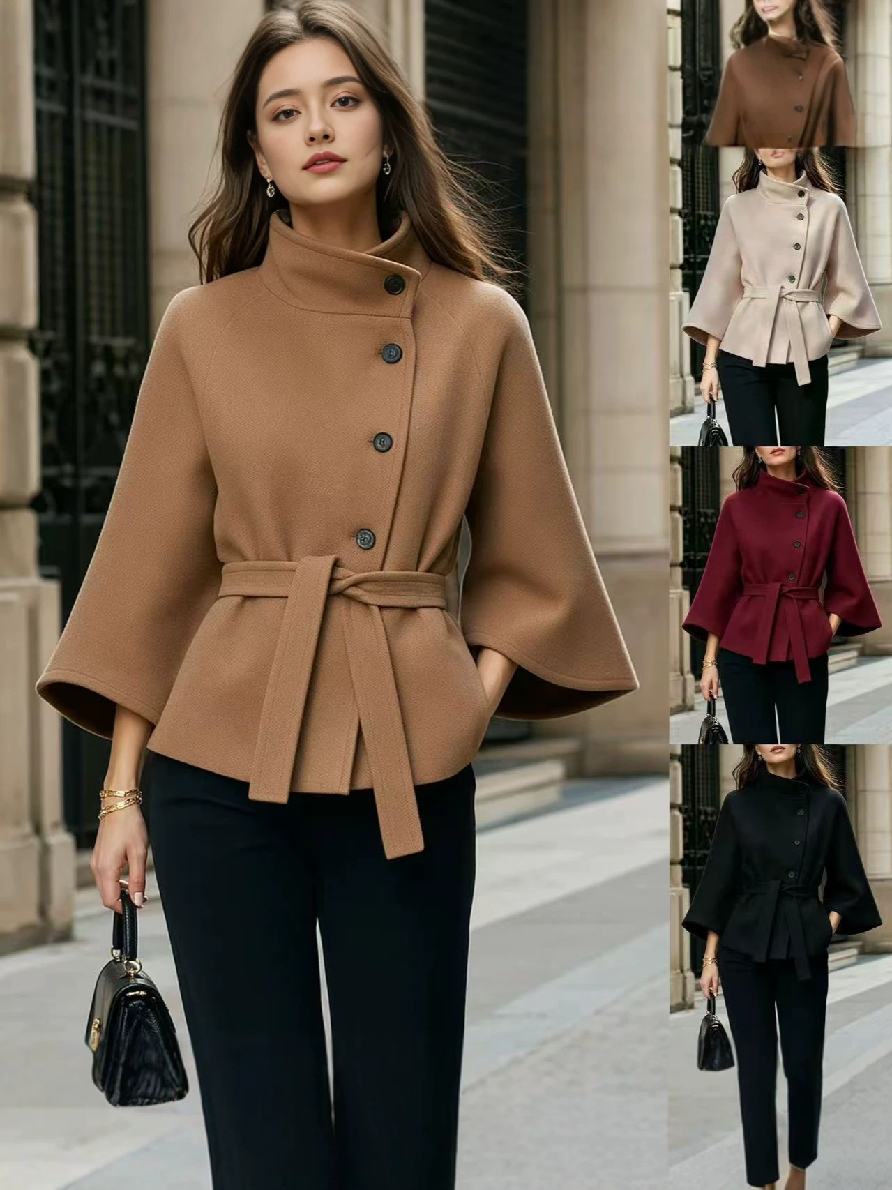 Women 2026 New European American Style Stand Collar Diagonal Button Wool Coat Flared Sleeve Belted Waist Elegant Trendy Warm Daily Street Outerwear