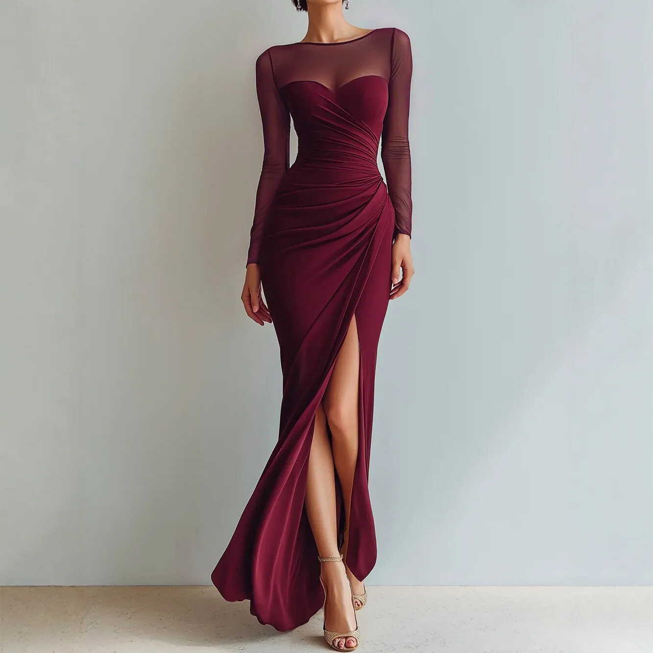 Solid Mesh Mermaid Dress Women O Neck Long Sleeve Ruched Waist High Slit Bodycon Long Dress Elegant Formal Guest Prom Maxi Dress 261015