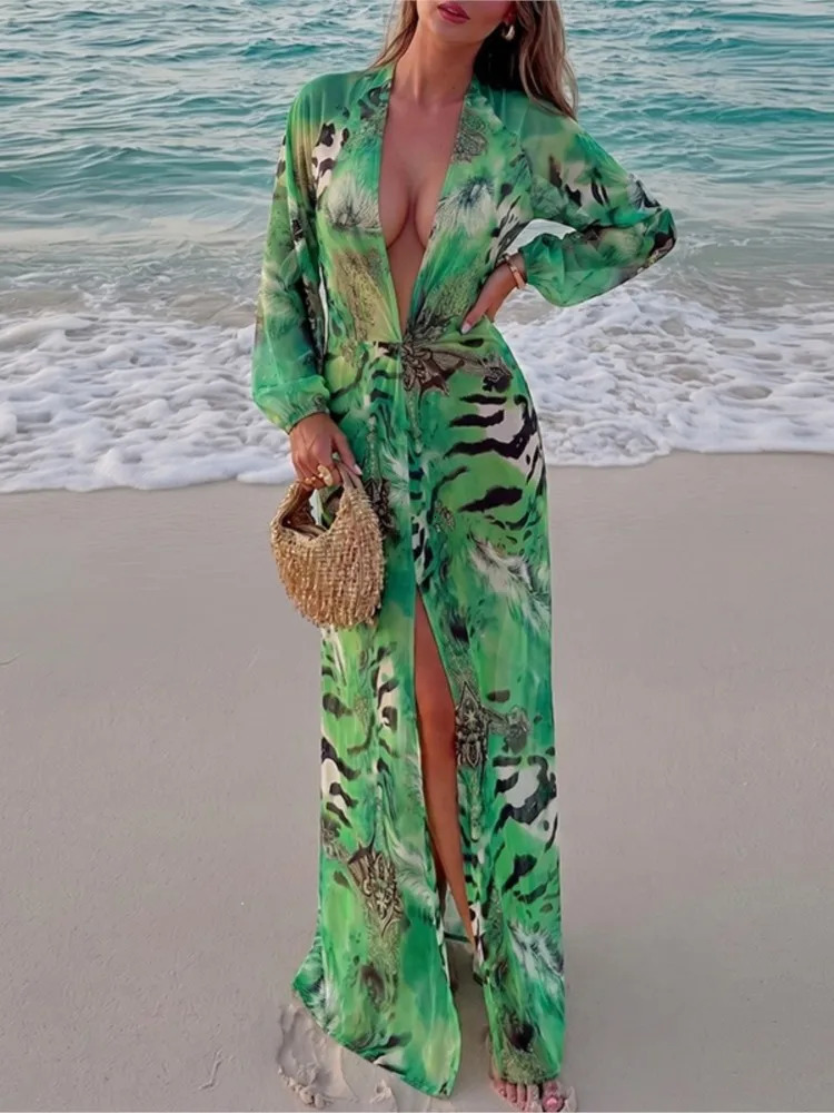 Lantern Sleeve Tiger Print Women's Long Dress 2026 Autumn Trend Deep V-neck Sexy Backless Beach Party Elegant Vestidos 261014