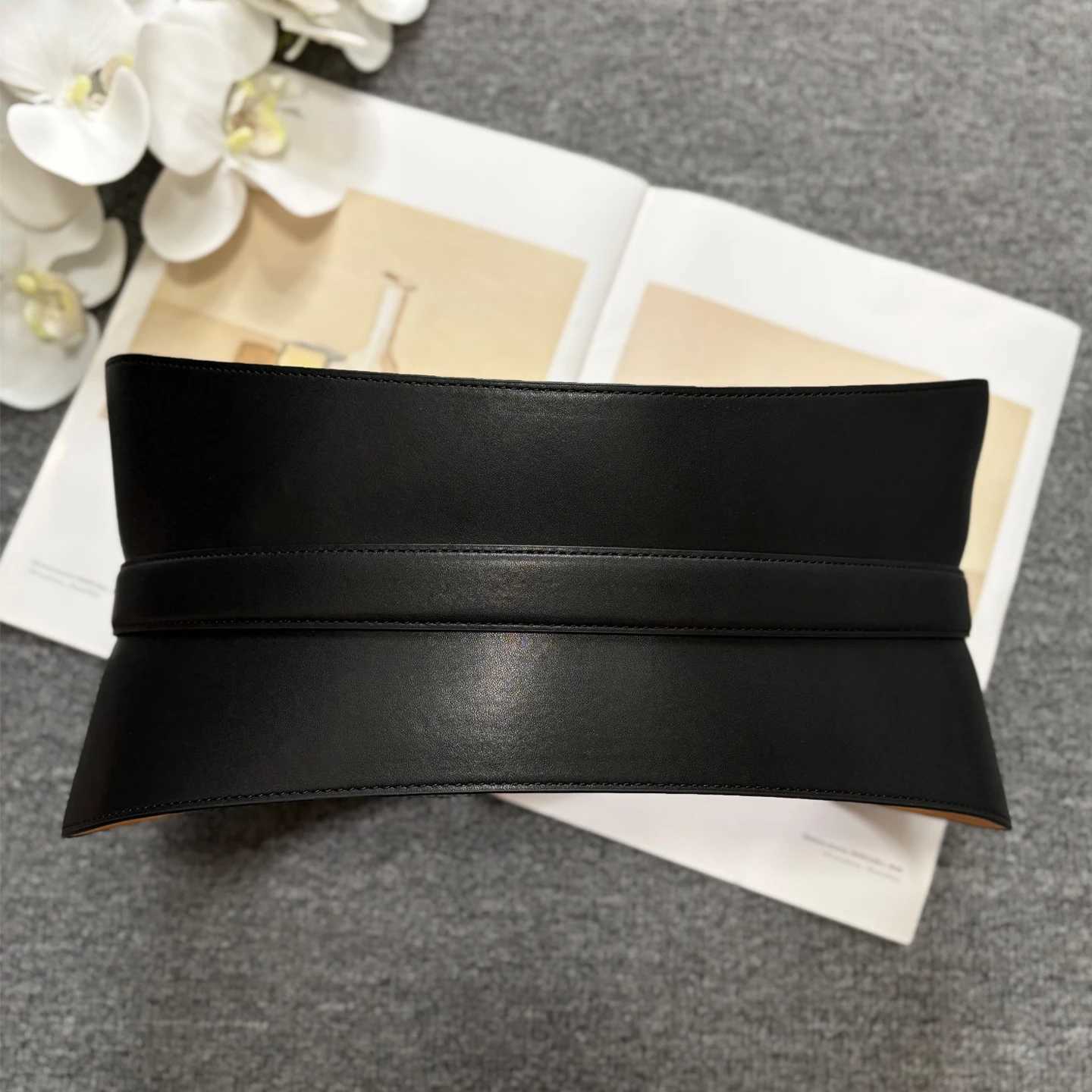 with malist Belt Style Leather Hook Loop Fastening Wide Genuine Leather Women's Belt Blk Texture Wide Waisand M261016