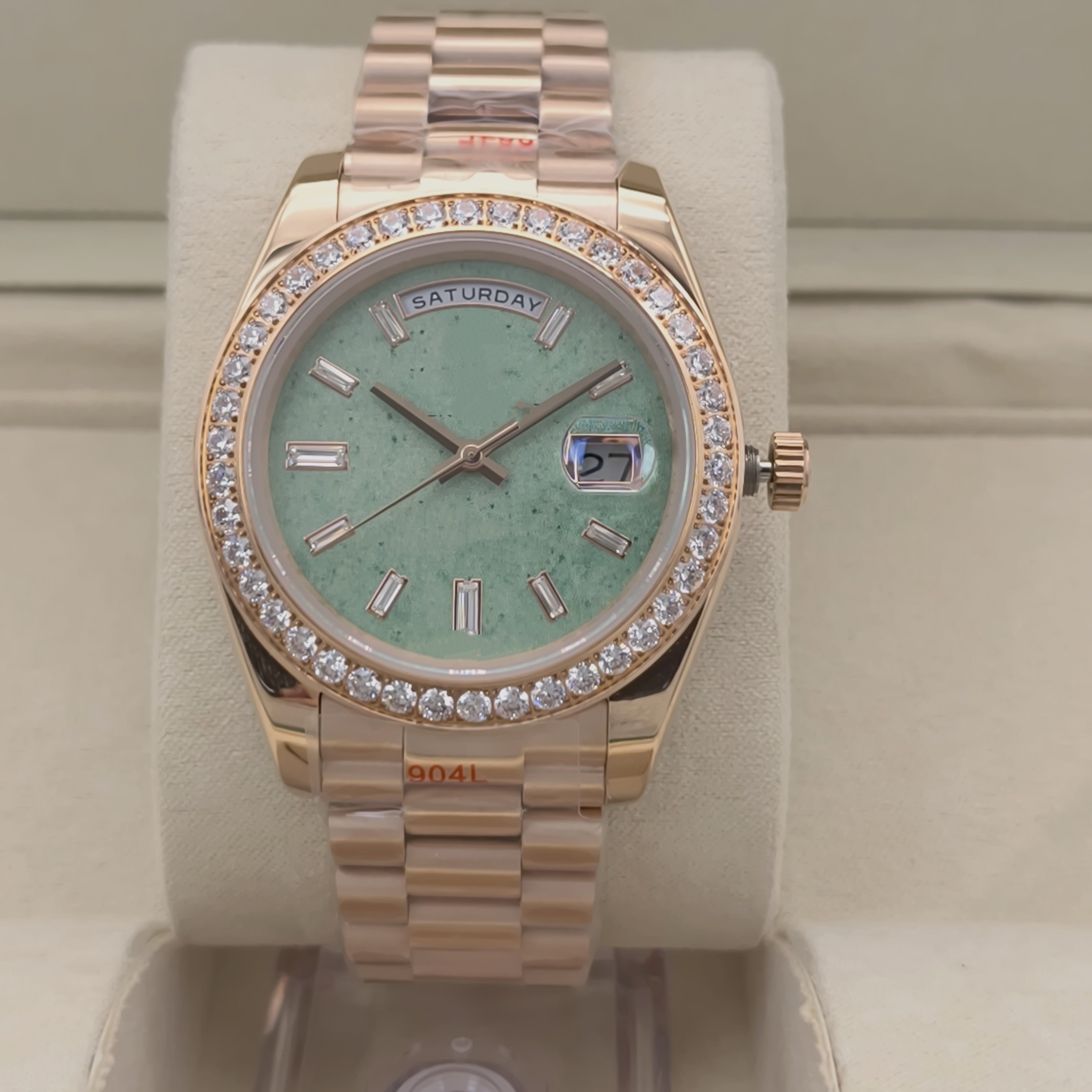 2026 New High Quality Watch Day Date: 2836-4 41MM Mint Green Dial Round Diamond bezel Sapphire Dial Waterproof Rose Gold Men's Watch